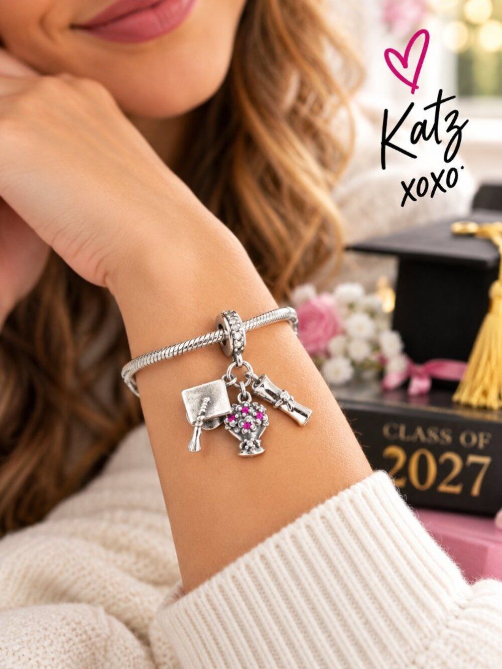 S925 Sterling Silver Graduation Charm Cap Diploma Flowers Pink Dangle Bead SS